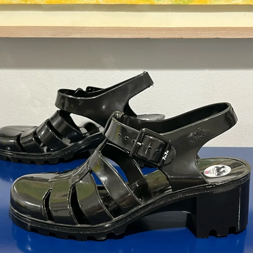 Juju Black Jelly Babe Sandals Sz 8 UK 6 Heels Woven Plastic Buckle Womens Shoes